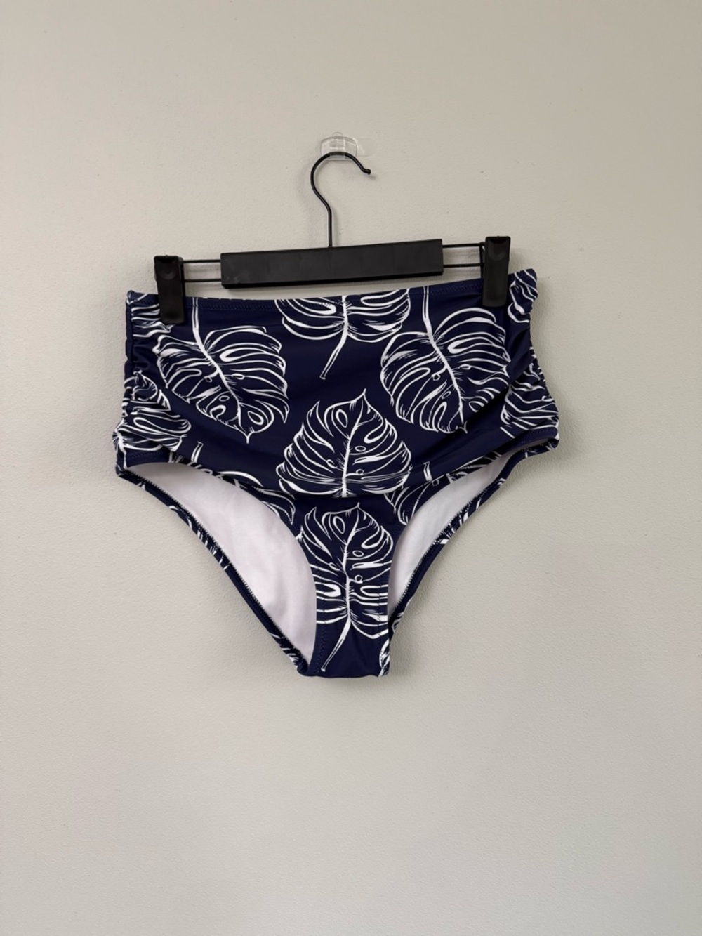 High-Waisted Navy Leaf Print Bikini Bottoms
